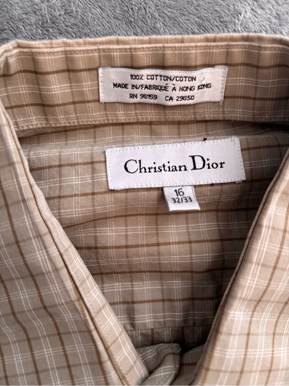 Dior Men's Tan and Cream Plaid Cotton Button-Down Shirt